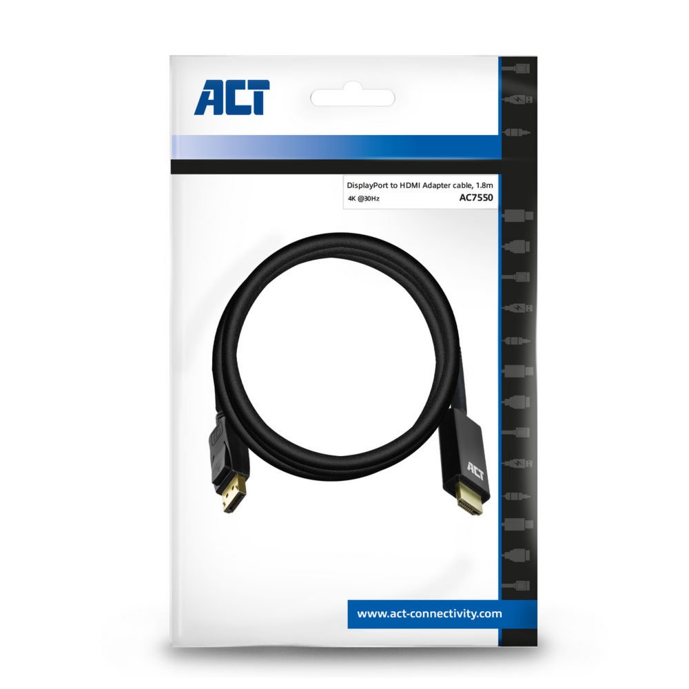 ACT AC7550 | DisplayPort naar HDMI Kabel | 1,8 m | Zwart - Matmuis - Matmuis